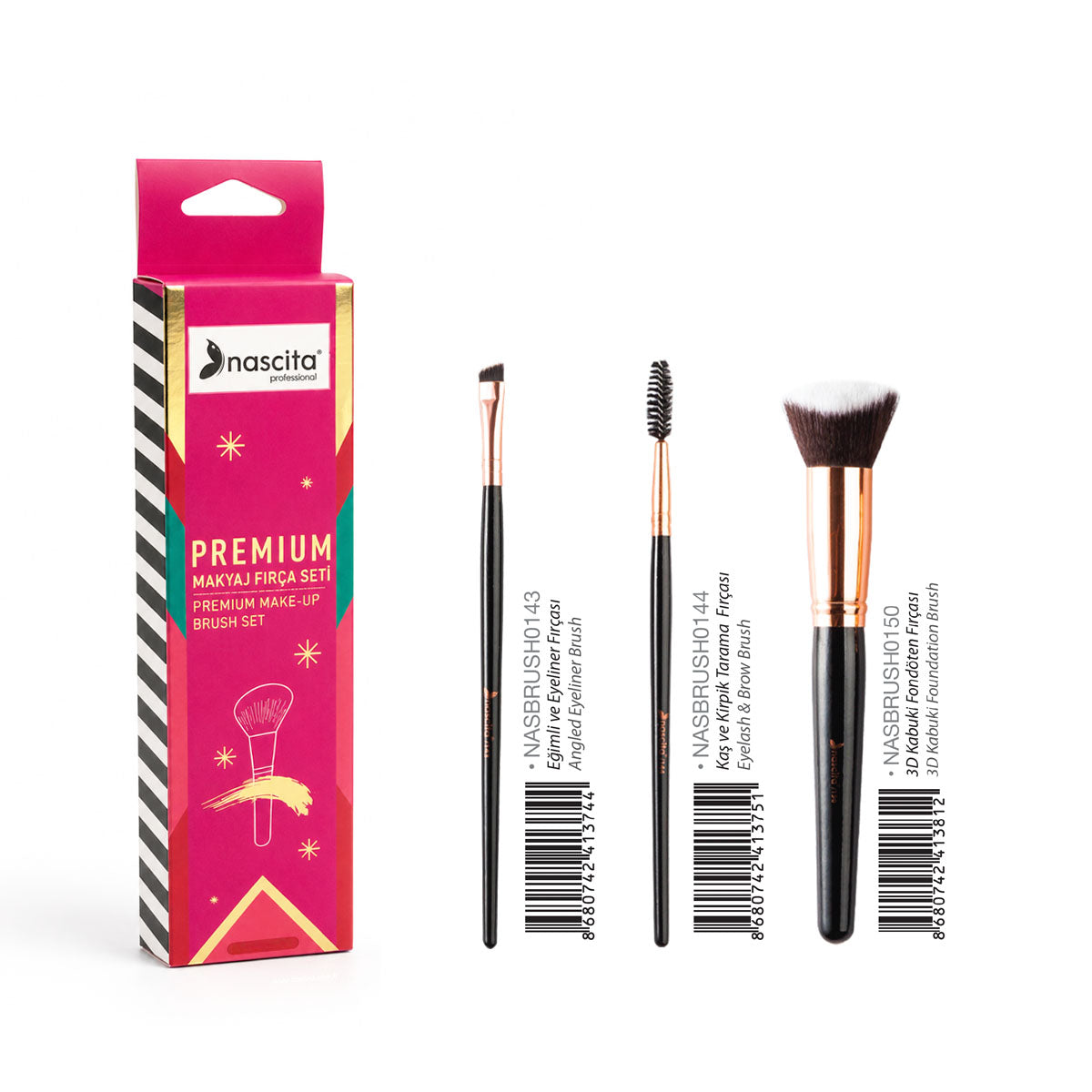 Nascita Premium Makyaj Fırça Seti 3’lü Kaş Kirpik Eyeliner ve 3D Kabuki Fondöten Fırça Seti