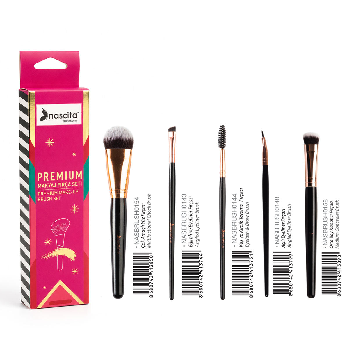 Nascita Premium Makyaj Fırça Seti 5’li Yüz Göz Kaş ve Eyeliner Fırça Seti