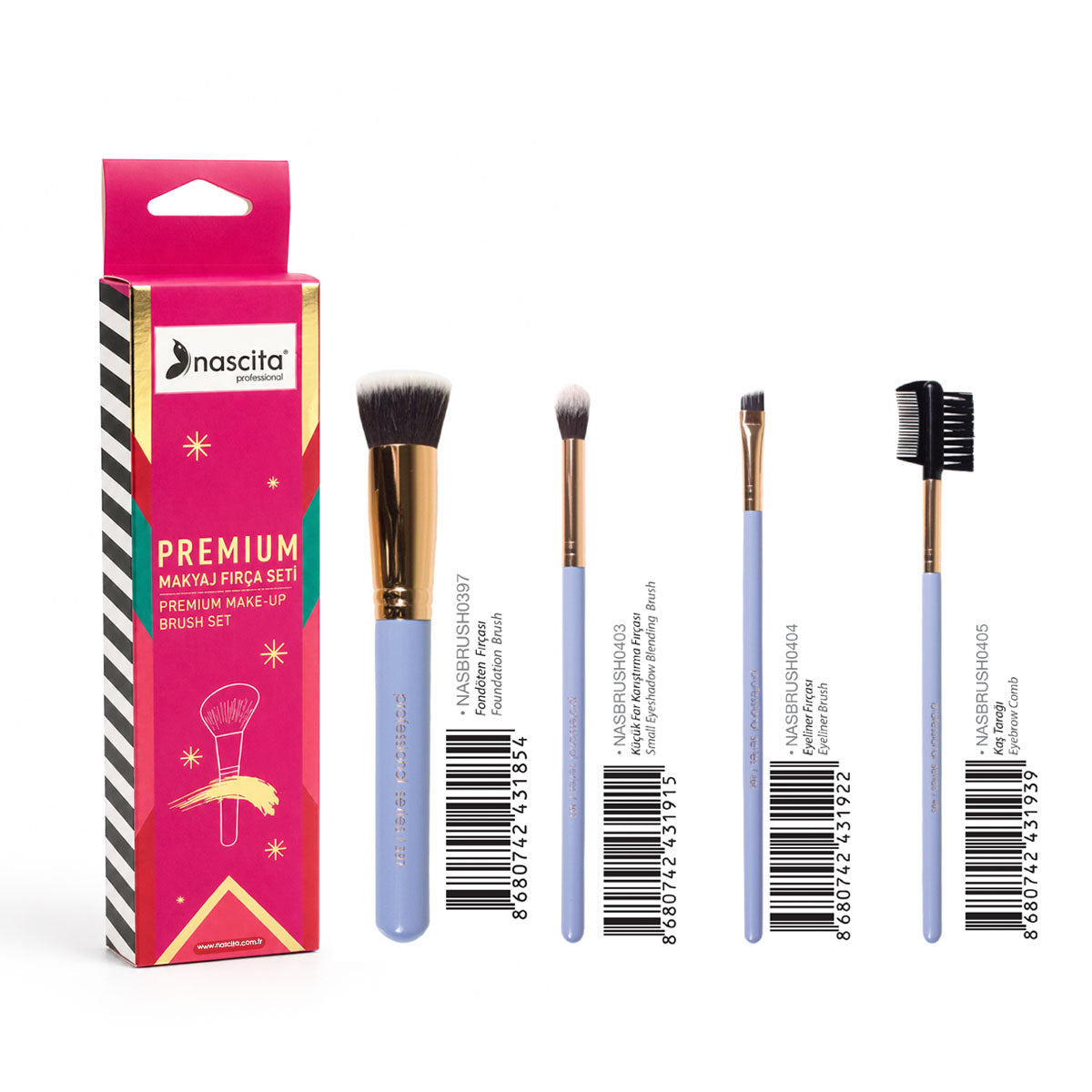 Nascita Premium Makyaj Fırça Seti 4’lü Fondöten Far Eyeliner ve Kaş Fırça Seti